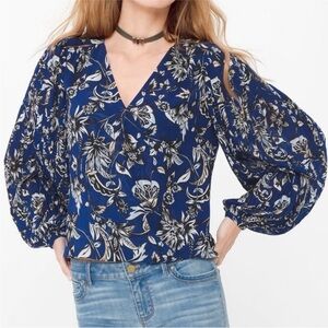White House Black Market Blue Floral Print Wrap Surplice Blouse Top Shirt size 6